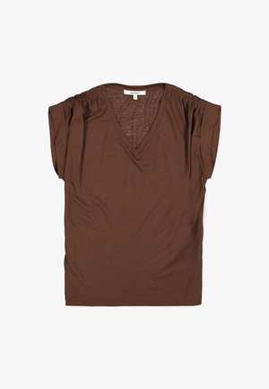 Bruin V-hals T-shirt met korte, gerimpelde mouwen, gemaakt van zachte stof. Losse pasvorm, gladde textuur en eenvoudig ontwerp.