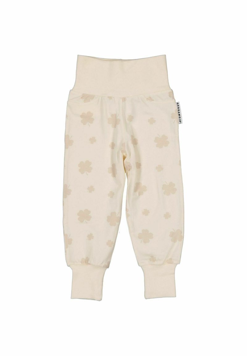 Krämfärgade pajamasbyxor med en mjuk textur, prydda med ett lätt beige klövermönster, ribbade fotmanschetter och en bred elastisk midja.