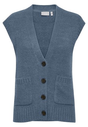 Blue knitted vest with a V-neck, capped sleeves, and four brown buttons. Features two front patch pockets and ribbed hems.