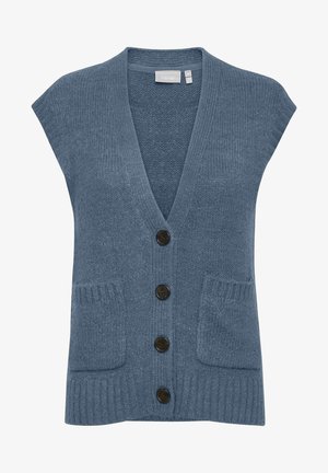 Zils adīts veste ar V-veida kakla izgriezumu, īsām piedurknēm un četriem brūniem pogām. Iekļauj divas priekšējās kabatas ar pauerinām un ribotu apdari.