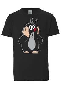 Black cotton t-shirt featuring a cartoon mole design. The mole has a gray belly, white eyes, and a red nose, with hands on its cheeks.