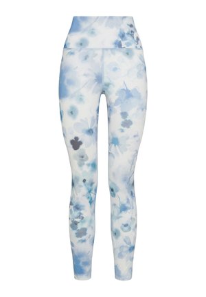 Leggings cu imprimeu floral albastru, realizate dintr-un material elastic. Design cu talie înaltă și o textură netedă. Modelul prezintă flori de nuanțe de albastru deschis și închis.