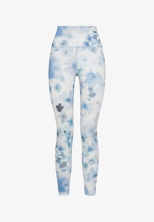 Leggings cu imprimeu floral albastru, realizate dintr-un material elastic. Design cu talie înaltă și o textură netedă. Modelul prezintă flori de nuanțe de albastru deschis și închis.