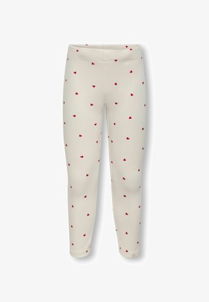 Hvide leggings med ribbet tekstur, prydet med et mønster af små røde hjerter, der er jævnt fordelt over hele. Elastisk talje uden lukninger.