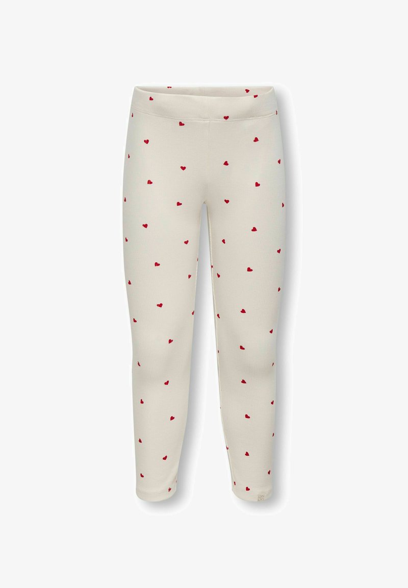 Hvide leggings med ribbet tekstur, prydet med et mønster af små røde hjerter, der er jævnt fordelt over hele. Elastisk talje uden lukninger.