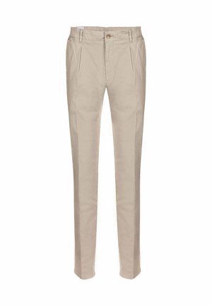 Beige straight-leg trousers with front pleats, belt loops, side pockets, and a button closure at the waist.
