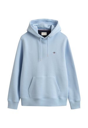Φωτεινό μπλε φούτερ με κουκούλα, τσέπη στο μπροστινό μέρος, ρυθμιζόμενο κορδόνι στην κουκούλα, ριμπ μανσέτες και τελείωμα, και μικρό κεντητό λογότυπο στο στήθος.