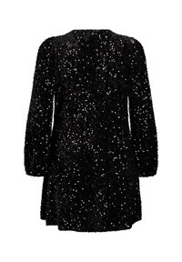 Abito nero ricoperto di paillettes, con maniche lunghe, scollo rotondo e una vestibilità morbida, con un orlo leggermente svasato.