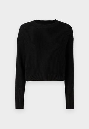 Black cropped sweater with ribbed texture, long sleeves, and a round neckline. Simple design with minimal detailing.