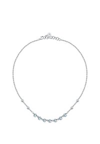 Collana in argento caratterizzata da una serie di gemme azzurro chiaro montate in prong decorativi, con ulteriori piccole pietre trasparenti distribuite uniformemente.