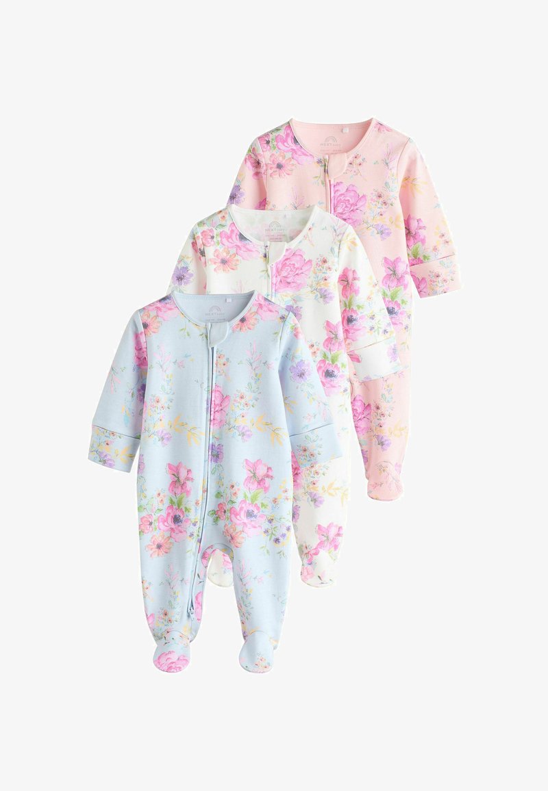 Trois grenouillères bébé à motif floral en rose pastel, blanc et bleu clair, chacune avec des manches longues et une fermeture éclair devant.