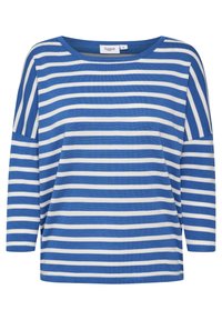 Modrý a bílý proužkovaný top s dlouhým rukávem a výstřihem do člunu. Měkká pletenina, volný střih a snížená ramena. Na štítku je nápis "Saint."