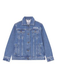Veste en denim bleu clair avec deux poches poitrine, fermeture à boutons, et logo de Yale brodé sur le côté gauche. Présente un col classique et des manches longues.