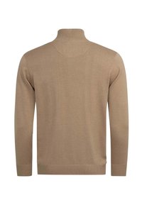 Beiger Langarmpullover mit hohem Kragen, gerippten Bündchen und Saum, von hinten vor weißem Hintergrund gezeigt.