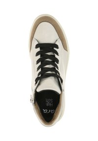 High-top sneaker with a white leather upper, brown suede accents, black laces, and a textured rubber sole. Features a side zipper.