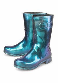 Rubberen regenlaarzen met een glanzende, iriserende afwerking in blauw- en groentinten. Beschikt over een gestructureerde bovenkant en dikke, robuuste zolen voor grip.