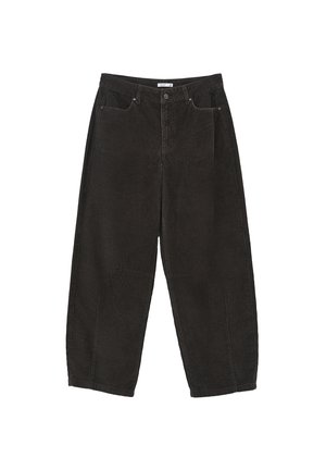 Schwarze Cordhose mit weitem Bein und strukturierter Oberfläche, ausgestattet mit Vordertaschen, Reißverschluss- und Knopfverschluss sowie geradem Schnitt.