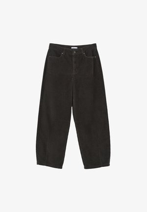 Zwarte corduroy wijde broek met een gestructureerd oppervlak, voorzien van voorzakken, een ritssluiting met knoop en een rechte pasvorm.