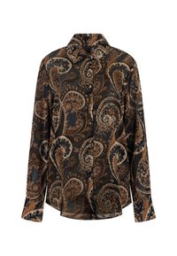 Camicia a maniche lunghe abbottonata con motivo paisley marrone scuro, beige e nero e colletto a punta.