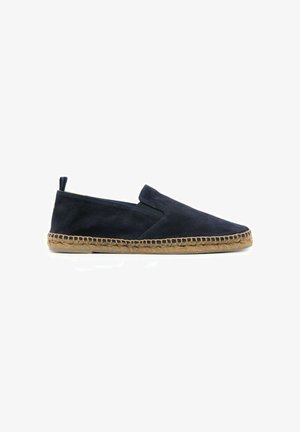 Espadrilla in pelle scamosciata blu navy con suola intrecciata in juta e design slip-on, mostrata su sfondo bianco.