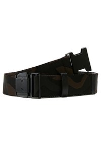 Black and brown camouflage belt made of durable fabric, featuring a matte black plastic buckle and an adjustable design for a secure fit.