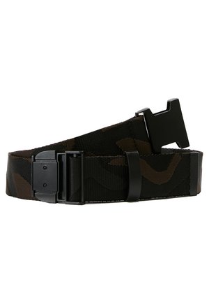 Black and brown camouflage belt made of durable fabric, featuring a matte black plastic buckle and an adjustable design for a secure fit.