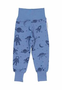 Blå bomullstights med ett rymd-tema som har astronauter, raketer och planeter. Designade med en mjuk midja och ribbade muddar.