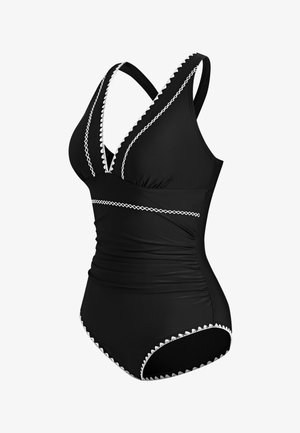 Zwart eenstukbadpak met gekruiste rugbandjes, geplooide zijkanten en witte zigzagdetails langs de halslijn en beenopeningen.