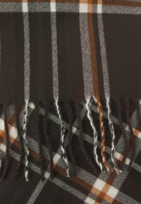 Brown plaid scarf with white, gray, and orange accents; fringe detailing at the ends; soft texture; polyester fabric.
