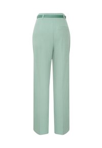 Miętowe spodnie szerokie z gładką teksturą, z płaskim pasem i jedną kieszenią z tyłu.
