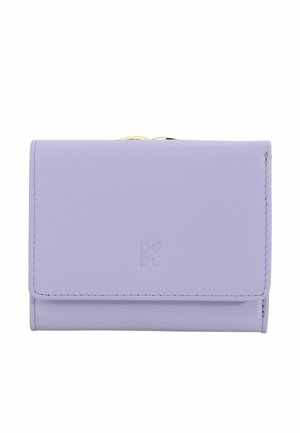 Portefeuille en cuir lavande avec bords cousus, fermeture à clip sur le dessus et logo "DuDu" subtil embossé au centre devant.