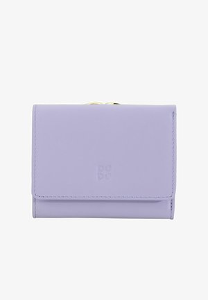 Portafoglio in pelle color lavanda con bordi cuciti, chiusura a clip in alto e logo "DuDu" in rilievo discreto al centro davanti.
