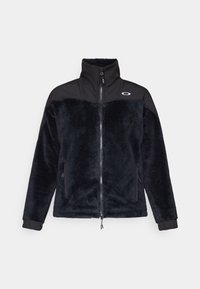 Jachetă din fleece neagră cu guler înalt, închidere cu fermoar și buzunare laterale; prezintă o secțiune superioară contrastantă neagră și un logo Oakley.