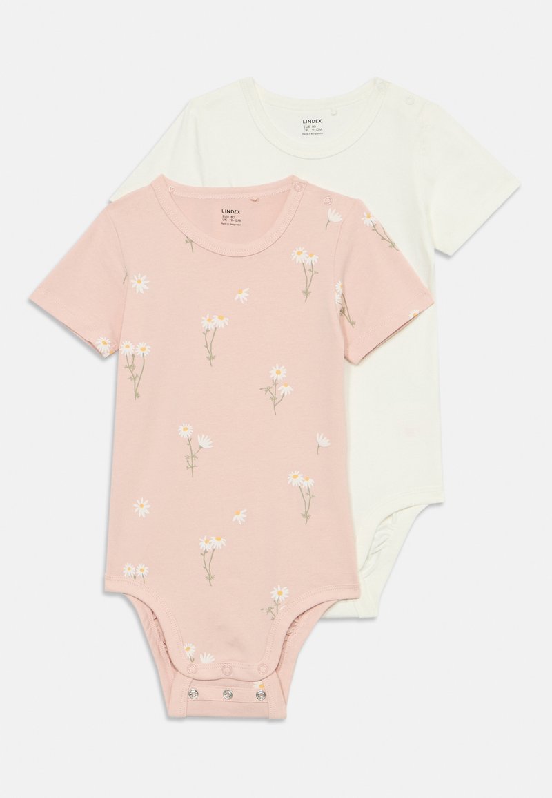 To baby bodyer: en rosa med blomsterprint i hvitt og grønt, og en ensfarget hvit. Korte ermer, trykknapper i bunnen. Myk bomull.