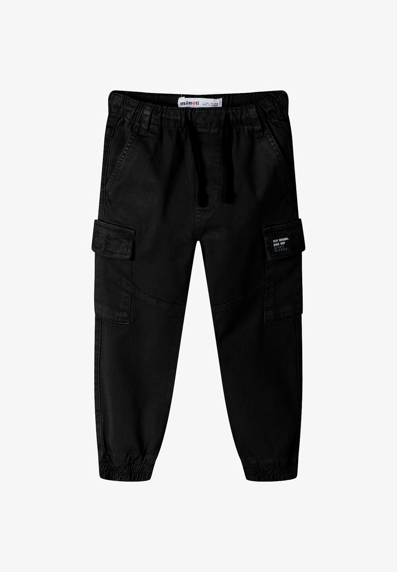 Černé cargo kalhoty s elastickým pasem, šňůrkou na stažení, dvěma postranními kapsami a cargo kapsou na nohavici. Odolný bavlněný materiál.