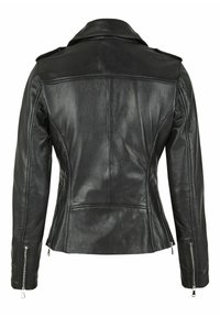 Zwarte leren jack met een gestructureerde kraag, een aansluitende stijl en ritsmanchetten, met een gladde textuur en minimale stikdetails.