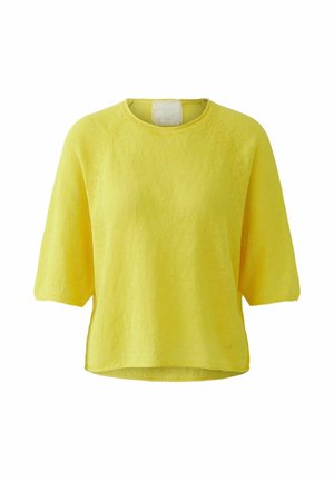 Bright yellow knit sweater with wide short sleeves and a round neckline, displayed on a white background.