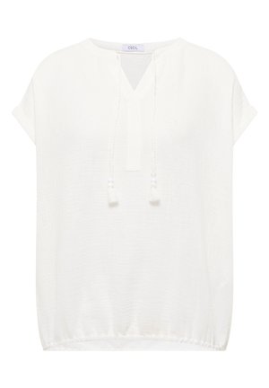 Biała bluzka z krótkim rękawem, okrągłym dekoltem, rozcięciem z przodu, dekoracyjnymi troczkami z chwostami i elastycznym dołem.