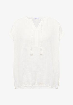 Biała bluzka z krótkim rękawem, okrągłym dekoltem, rozcięciem z przodu, dekoracyjnymi troczkami z chwostami i elastycznym dołem.