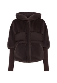 Hnědá bunda s kapucí z umělé kožešiny, která má zip, dvě přední kapsy a žebrované pletené manžety. Měkká textura a nadýchaný design.