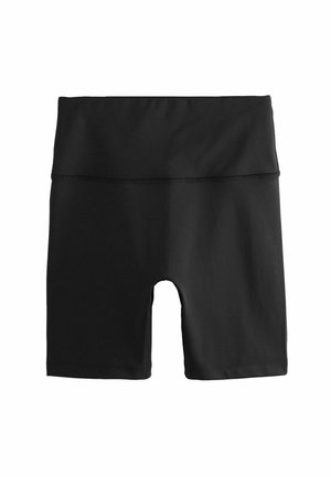 Crne atletske šortse izrađene od glatkog, rastezljivog materijala. Imaju visoki pojas i prilagođeni dizajn sa dužinom do sredine bedara.