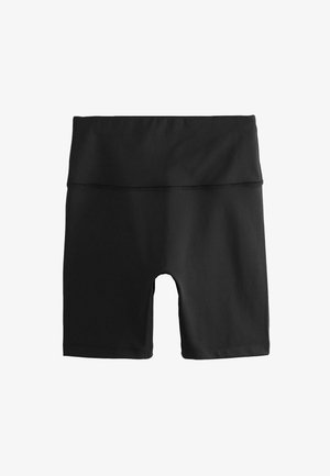 Schwarze Sportshorts aus glattem, elastischem Material. Sie verfügen über einen hohen Bund und ein figurnahes Design mit einer Länge bis zur Mitte des Oberschenkels.