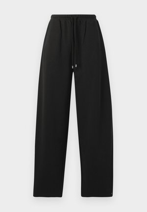 Pantalons de survêtement noirs avec une coupe décontractée, taille élastique, fermeture à cordon et coutures latérales. Confectionnés dans un tissu doux et lisse.