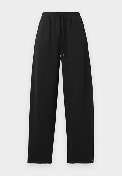 Black sweatpants with a relaxed fit, elastic waistband, drawstring closure, and side seams. Made from a soft, smooth fabric.