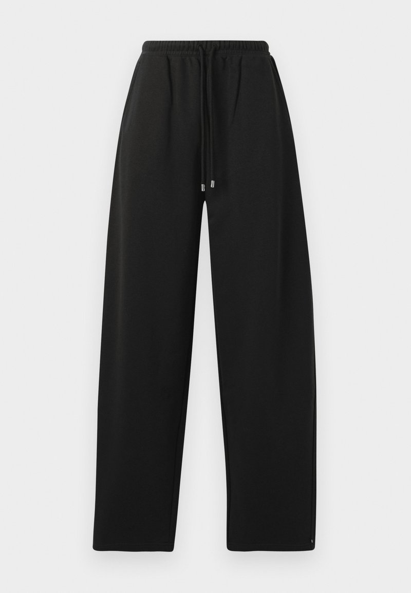 Pantalons de survêtement noirs avec une coupe décontractée, taille élastique, fermeture à cordon et coutures latérales. Confectionnés dans un tissu doux et lisse.