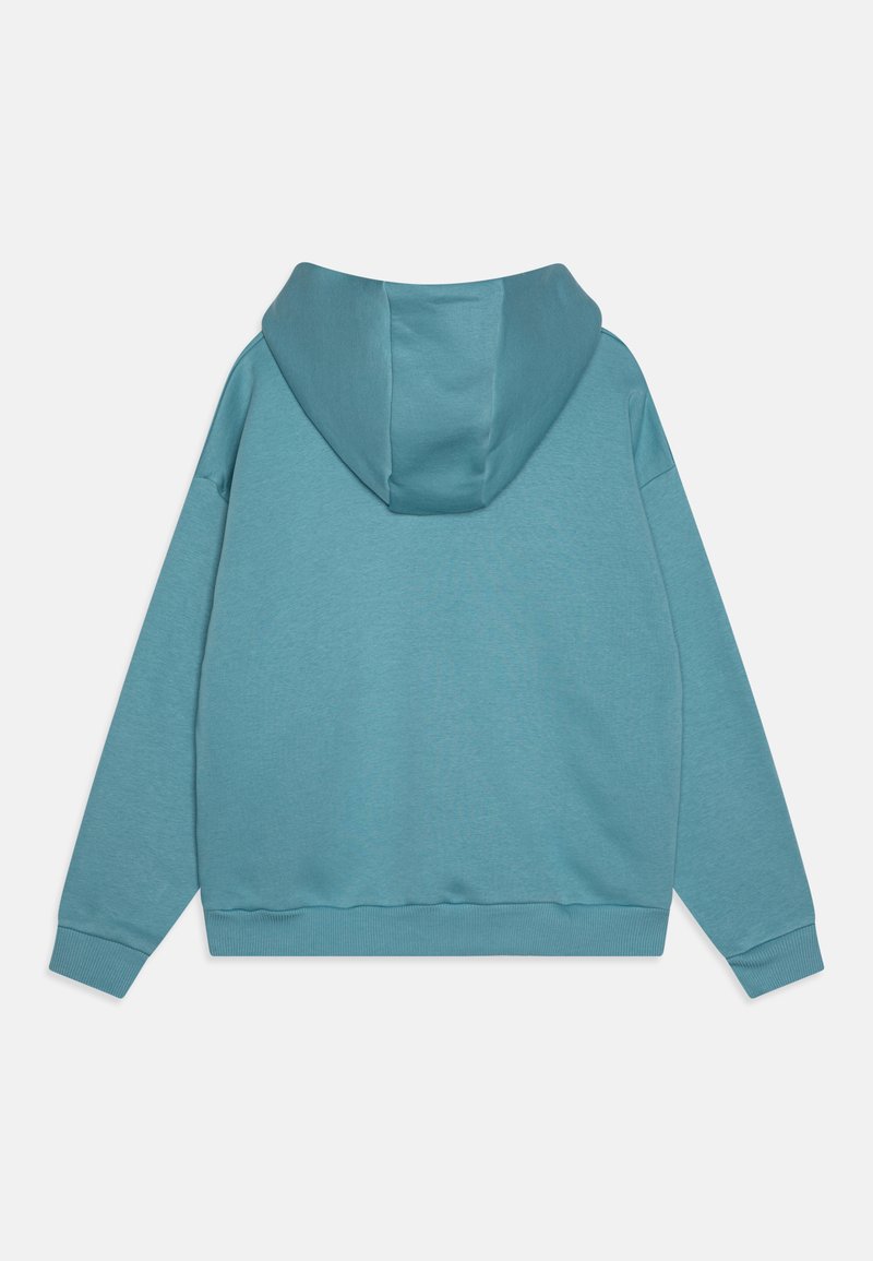 Türkisfarbener Kapuzenpullover mit schlichter Textur, gerippten Bündchen und einer Kängurutasche. Verfügt über eine lässige, übergroße Passform.