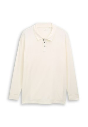 Langärmliges cremefarbiges Polohemd aus strukturiertem Strick, mit Kragen, dreiknöpfiger Leiste und lockerer Passform.