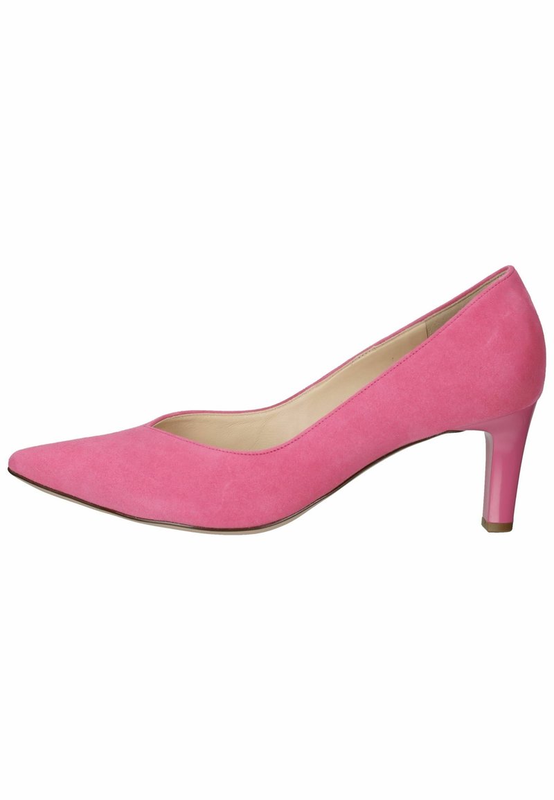 Escarpin pour femme en daim rose à bout pointu avec un talon fin de hauteur moyenne et une doublure intérieure beige, présenté de profil sur fond blanc.