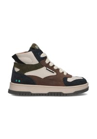 Hoge sneakers met een mix van bruin, marineblauw, crème en olijfgroen suede en leer, met crème veters en subtiele hardware-accenten.