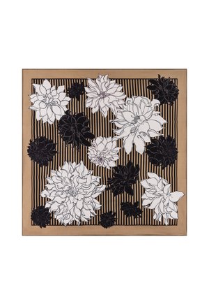 Blumen-Schal in Beige und Schwarz, mit großen, umrandeten Blumen und filigranen Details auf abwechselnd schwarzen Streifen. Glatte Textur.